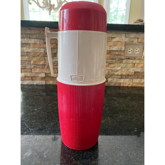 Thermos Red Tan 6402 VTG Wide Mouth Quart Travel Hot Cold “Glass Liner Thermos” - Picture 1 of 9